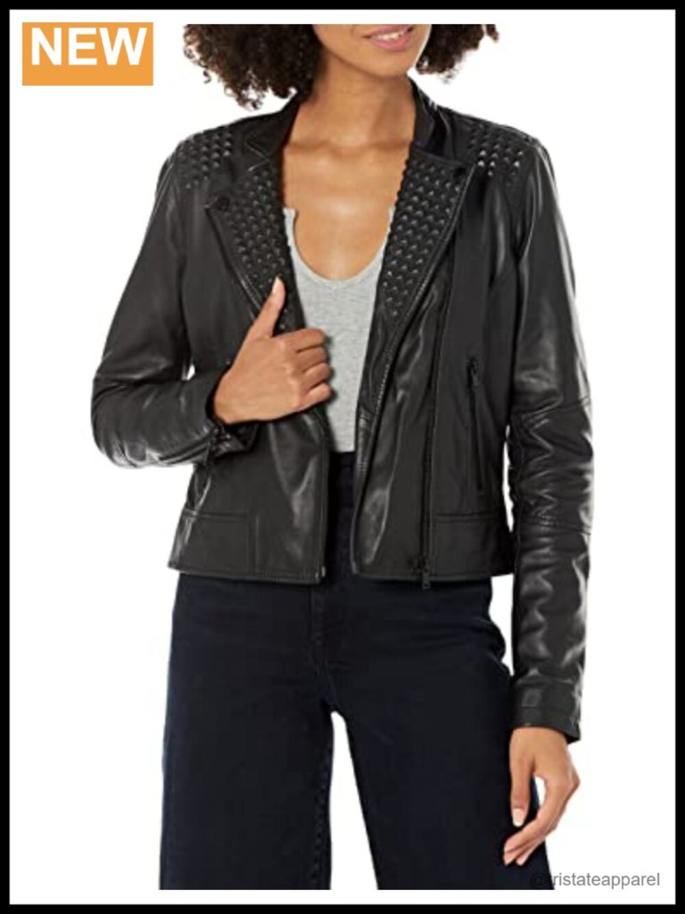 Leather Moto Jacket with Embossed Studs, Fitted, Long Sleeve